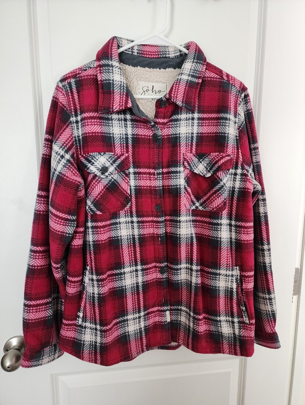 SOHO Red and White Plaid Sherpa-Lined Teddy Shacket Size Large.